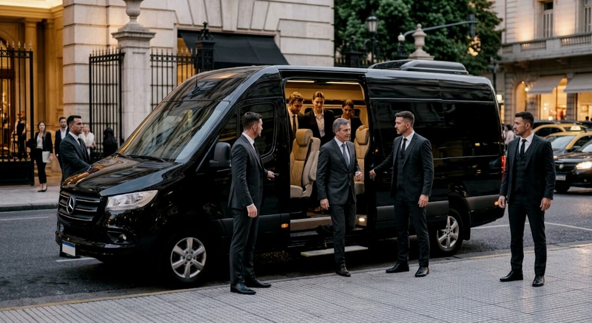 Delegación abordando una Sprinter negra con conductores esperando